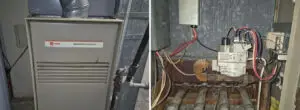 Close-up of a high-efficiency furnace exterior and interior mechanical parts, highlighting common areas for HVAC maintenance and repair.