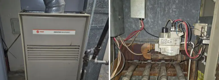 Close-up of a high-efficiency furnace exterior and interior mechanical parts, highlighting common areas for HVAC maintenance and repair.