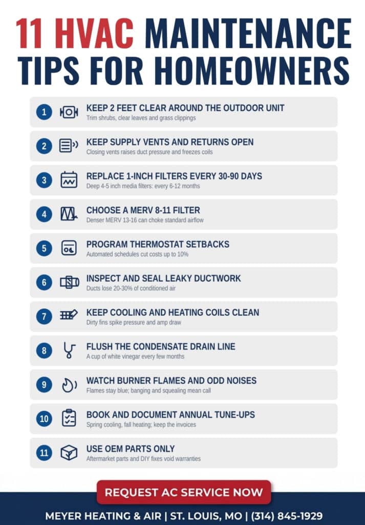 Infographic detailing eleven homeowner HVAC tips, including clearing outdoor units, filter replacements, thermostat setbacks, coil cleaning, and scheduling professional tune-ups.