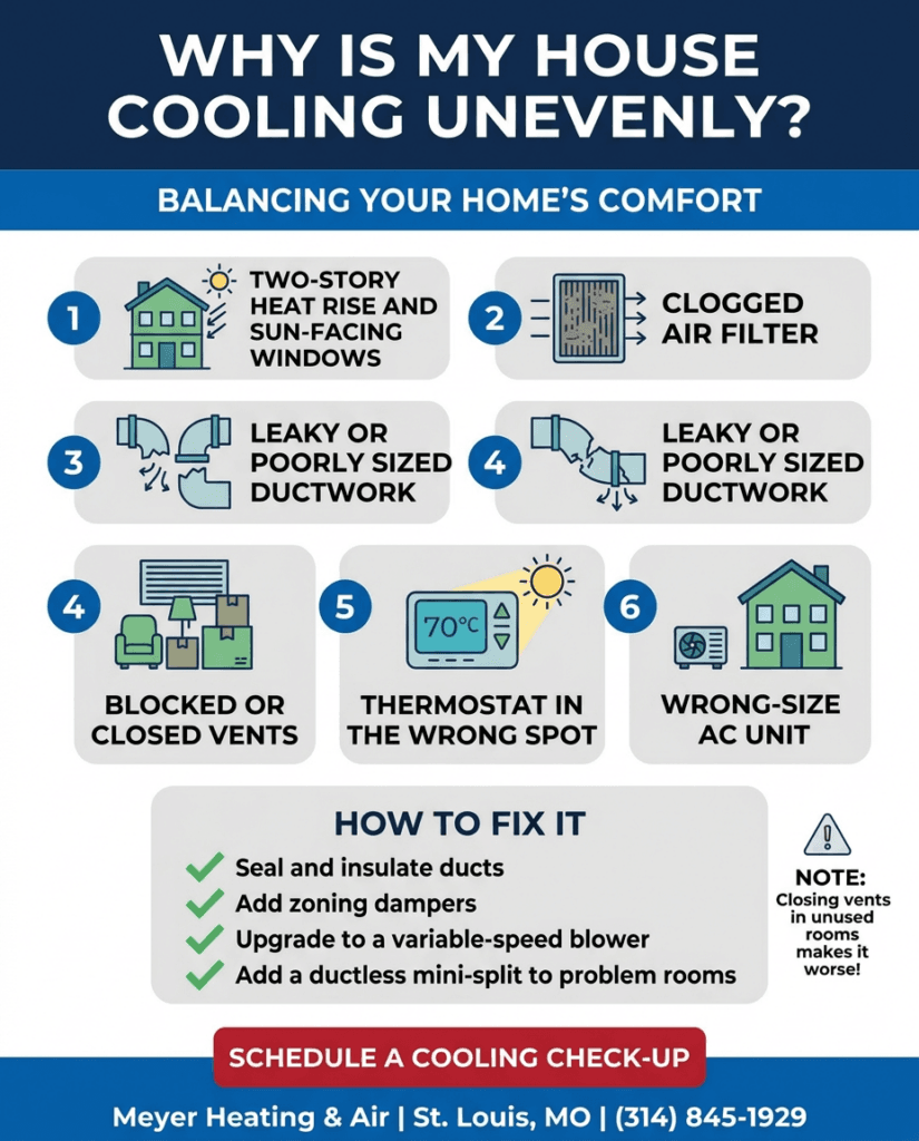 Infographic illustrating common causes of uneven cooling—heat rise, dirty filters, duct leaks, blocked vents, poor thermostat placement, and incorrect AC sizing—with tips to fix airflow balance.