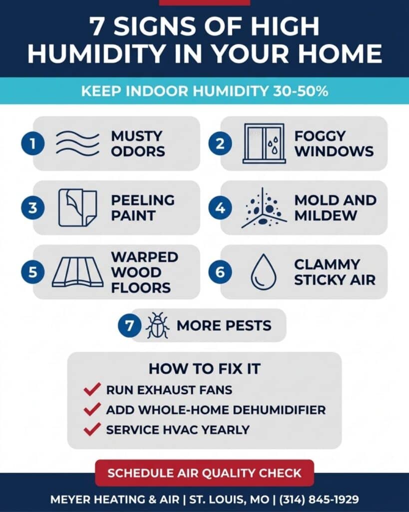 Infographic titled "7 Signs of High Humidity in Your Home" recommending indoor humidity be kept at 30 to 50 percent.