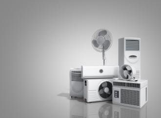 various air conditioning and dehumidifying units in front of a grey background