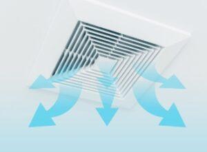 blue arrow exiting an air vent on a ceiling
