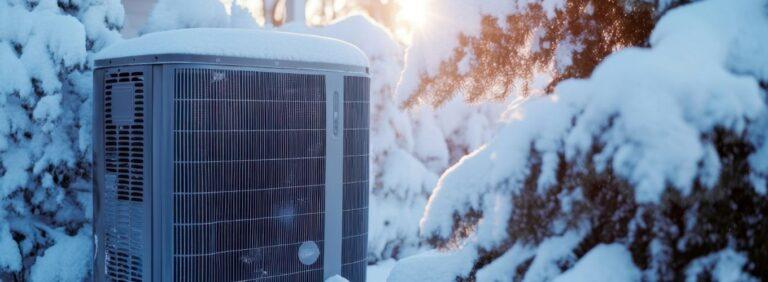Outdoor heat pump unit covered in snow during winter sunlight