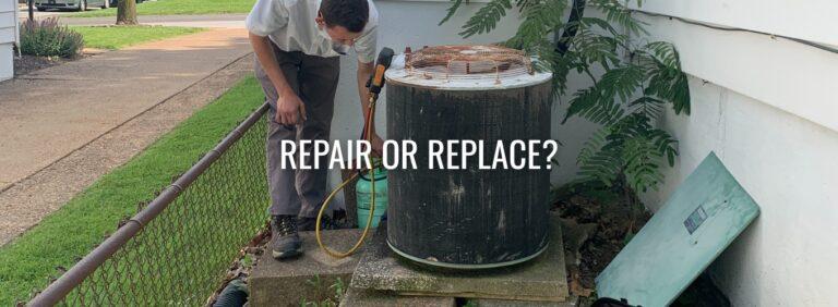 Technician inspecting an old outdoor HVAC unit beside a home