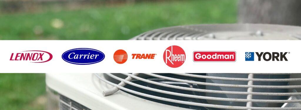 Logos of popular HVAC brands including Lennox, Carrier, Trane, Rheem, Goodman, and York