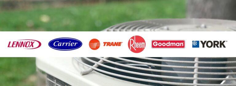 Logos of popular HVAC brands including Lennox, Carrier, Trane, Rheem, Goodman, and York
