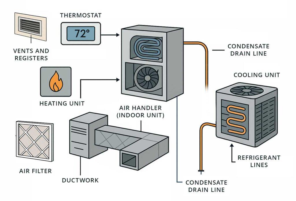 Residential HVAC system diagram showing furnace, evaporator coil, condenser, ducts, vents, and thermostat.
