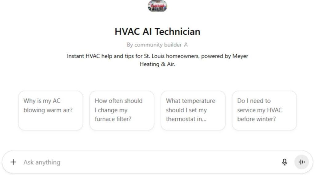 Screenshot of Meyer Heating & Air’s HVAC AI Technician interface showing common troubleshooting questions for homeowners.