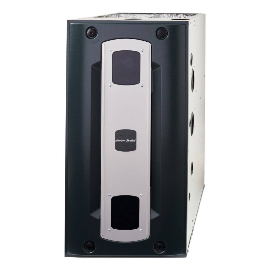 Side angle of American Standard Gold S9X2 and S9V2-VS gas furnaces showing dual-stage heating technology and compact design installed by Meyer Heating & Air.