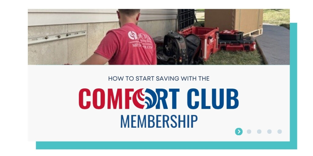 Meyer Heating & Air technician preparing HVAC service tools beside a home, promoting Comfort Club Membership savings program in St. Louis MO.