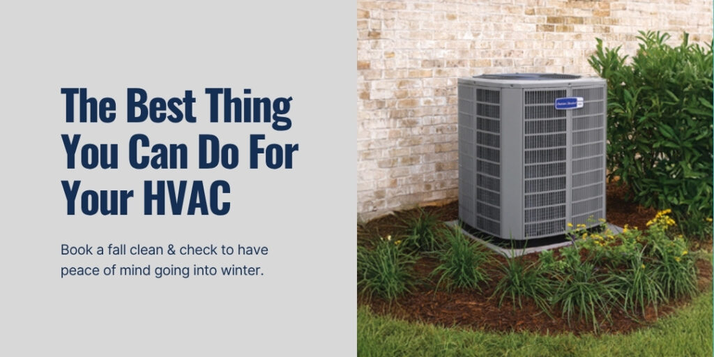 American Standard HVAC unit next to a brick home with text promoting Meyer Heating & Air $155 Fall Clean and Check special in St. Louis MO.