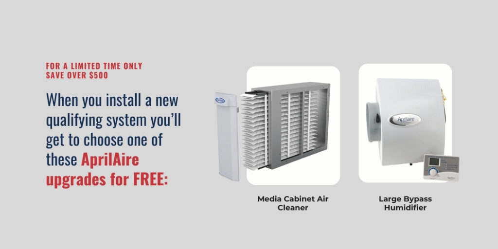 Meyer Heating & Air promotion offering a free AprilAire Media Cabinet Air Cleaner or Large Bypass Humidifier with qualifying HVAC system installation in St. Louis MO.