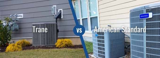Side-by-side comparison of Trane and American Standard outdoor HVAC units installed on different homes.