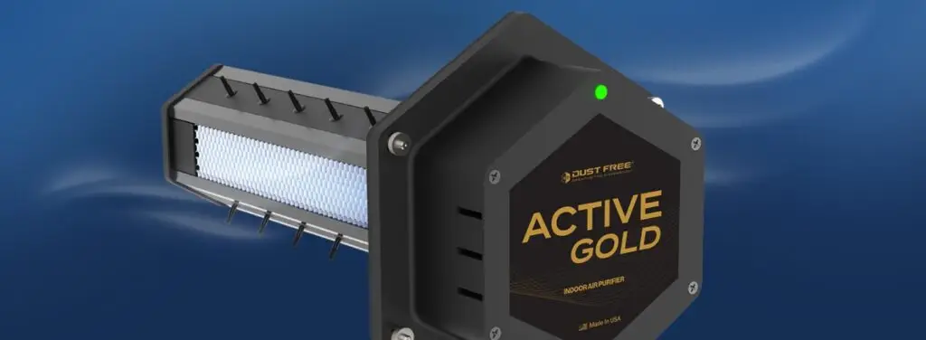 Dust Free Active Gold hexagonal HVAC air purifier with a mesh-covered probe, small carbon fiber brushes, and a green indicator light.