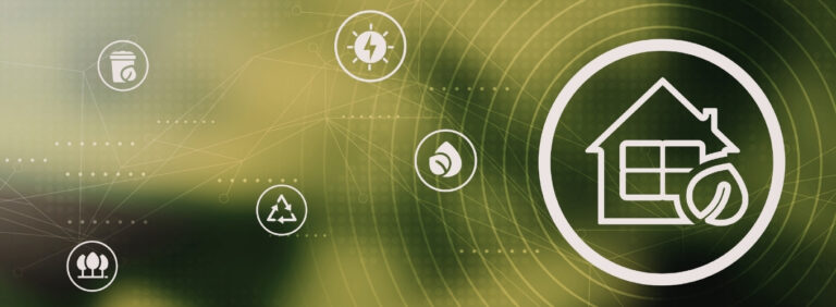 Green and white infographic showing a sustainable home surrounded by eco-friendly icons representing residential energy efficiency ideas.