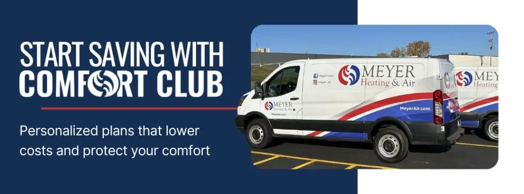 Meyer Heating & Air service vans parked outside representing Comfort Club membership benefits and priority HVAC service