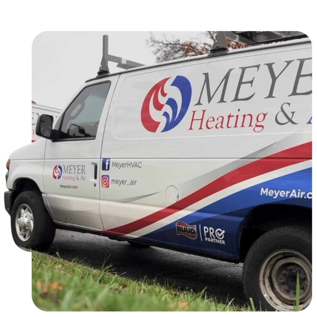Meyer Heating & Air fully equipped HVAC service and installation truck parked at a residential job site.