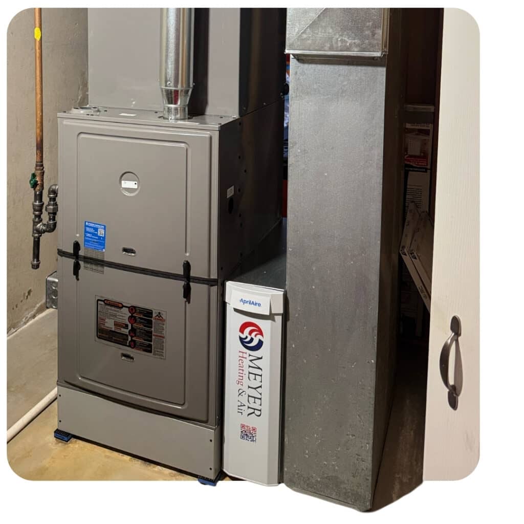 High-efficiency gas furnace and whole-home air filtration system installed by Meyer Heating & Air.