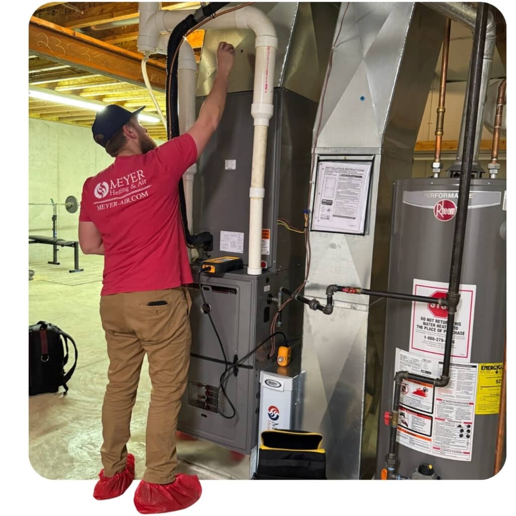 Meyer Heating & Air technician inspecting an indoor residential furnace and HVAC ductwork in a basement.