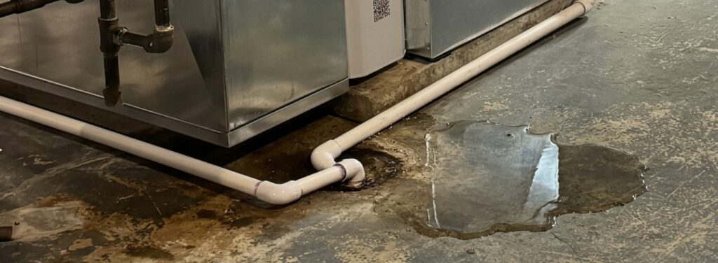 Water pooling on a concrete basement floor next to a residential HVAC system and white PVC condensate drain pipes, showing an active leak or drainage overflow around the base of the metal unit.