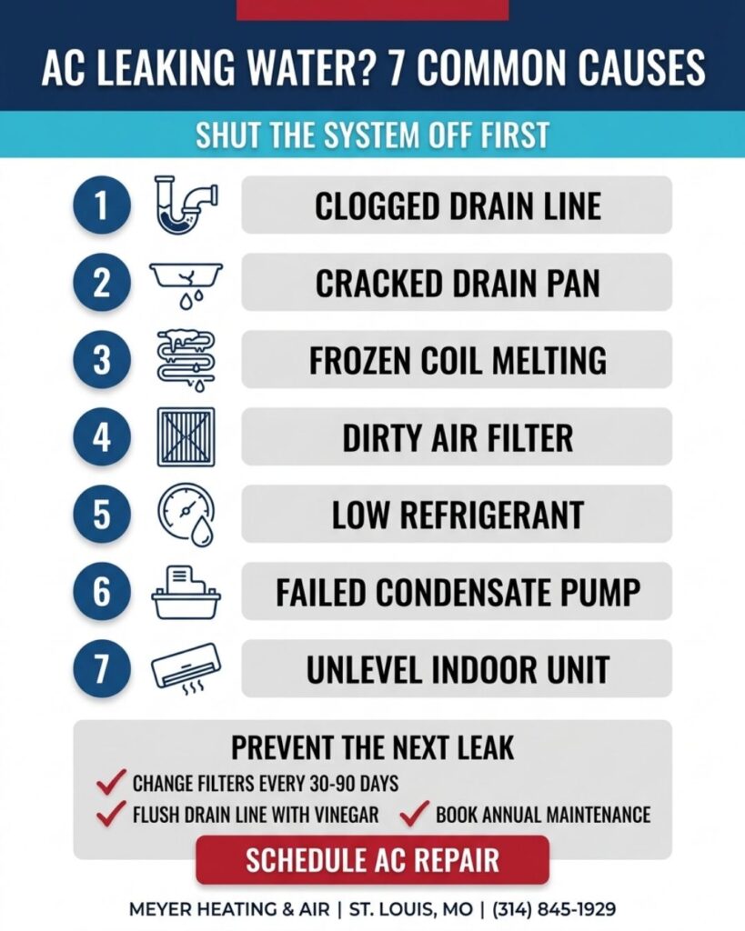 Infographic by Meyer Heating & Air listing 7 common causes of an AC leaking water and tips to prevent future leaks.