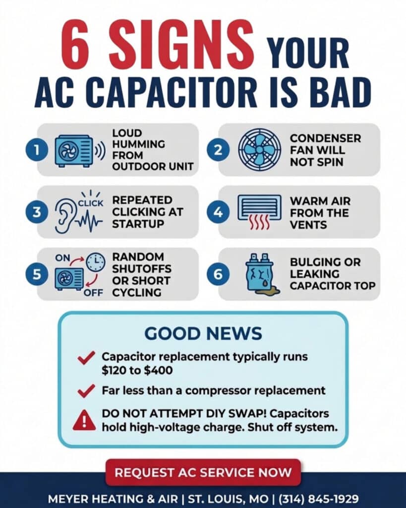 Infographic detailing six symptoms of a failing AC capacitor—humming sounds, stationary condenser fan, clicking, warm air, short cycling, and bulging top—with DIY safety warnings.