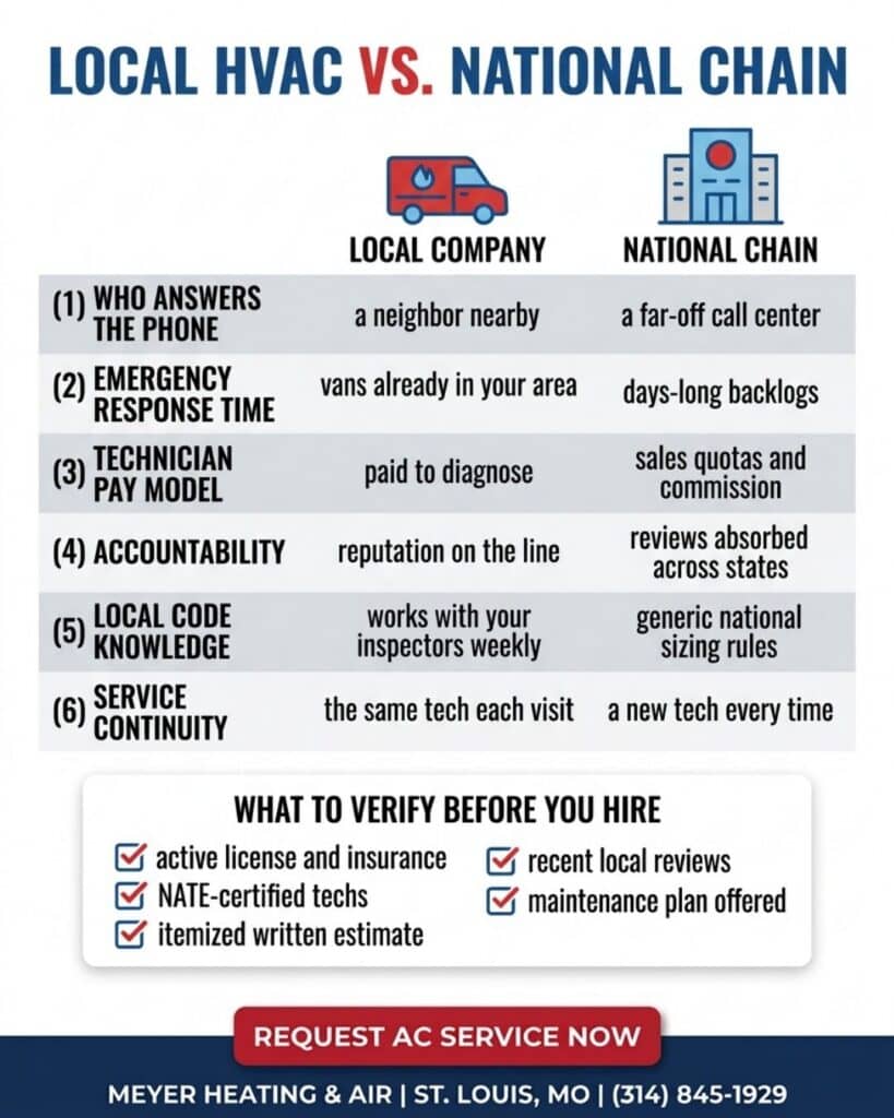 Infographic by Meyer Heating & Air outlining six key differences between local HVAC companies and national chains, complete with a pre-hire verification checklist.