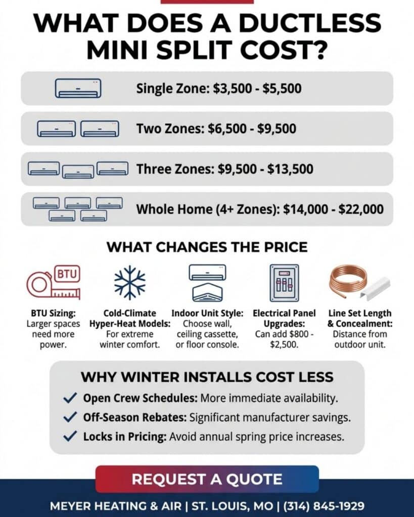 Infographic detailing ductless mini-split pricing from single-zone to whole-home, key cost factors like BTU sizing and line sets, and benefits of off-season winter installations.