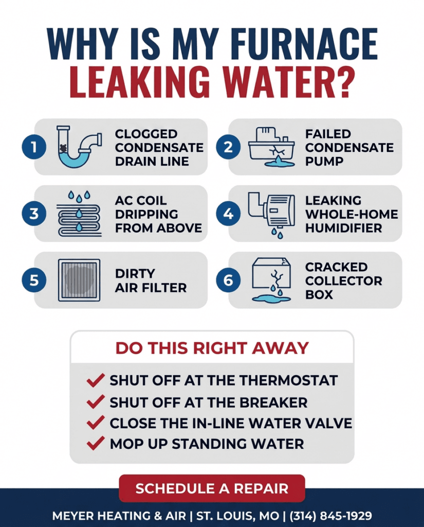 Infographic detailing six reasons a furnace leaks water—clogged drain, failed condensate pump, dripping AC coil, leaking humidifier, dirty filter, and cracked collector box—with immediate safety actions.
