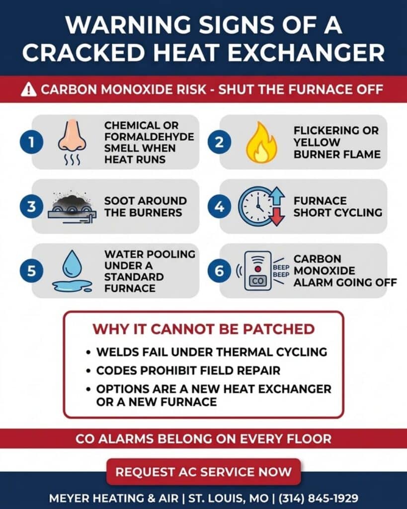 Infographic illustrating six symptoms of a cracked furnace heat exchanger—chemical smells, yellow flames, soot, short cycling, pooled water, and CO alarms—alongside reasons why repairs require replacement.