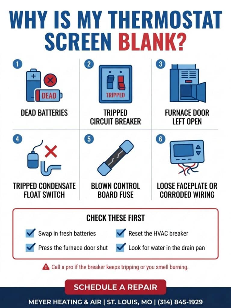 Infographic detailing six causes of a blank thermostat screen—dead batteries, tripped breaker, open furnace door, condensate float switch, blown fuse, and loose wiring—with a homeowner checklist.