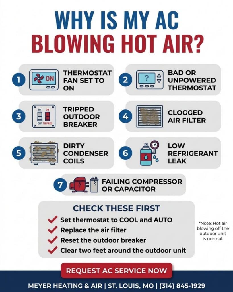 Infographic listing causes of an AC blowing hot air—thermostat settings, tripped breakers, dirty coils, low refrigerant, and failing compressors—with four troubleshooting steps.